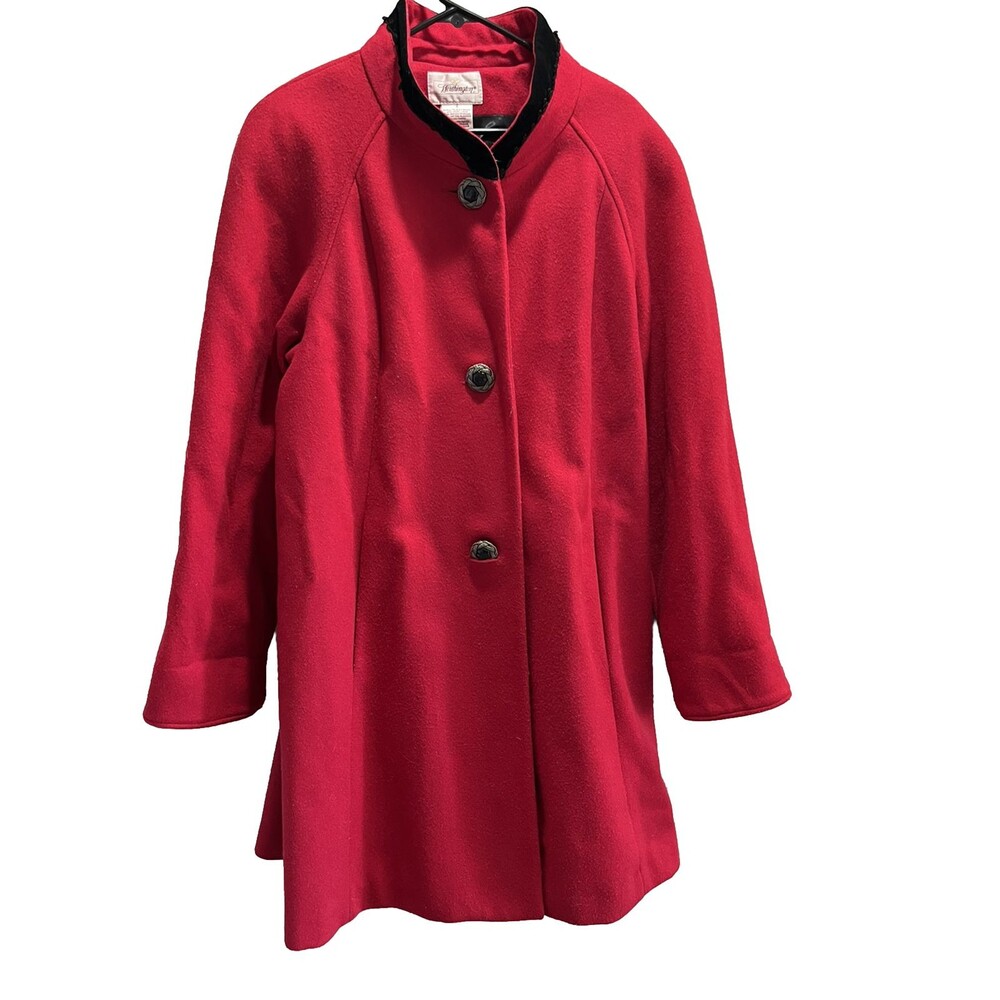 Vintage 90s Worthington Red 100% Wool Swing Coat 16 Velvet‎ Trim Grandmacore
